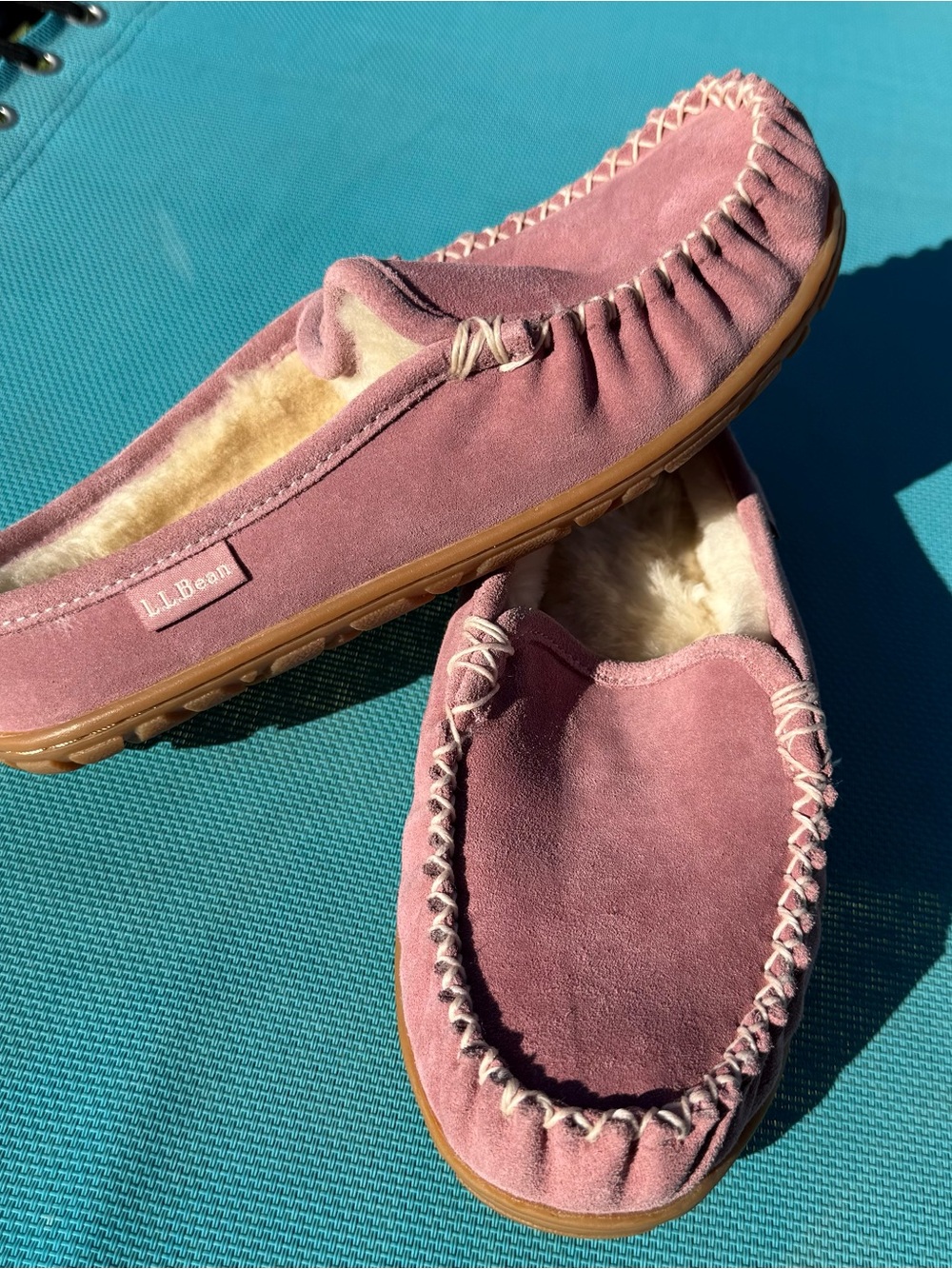 LL Bean Women's Pink Suede Fleece Lined Mountain Moccasins Slipper Size 7 NWOT